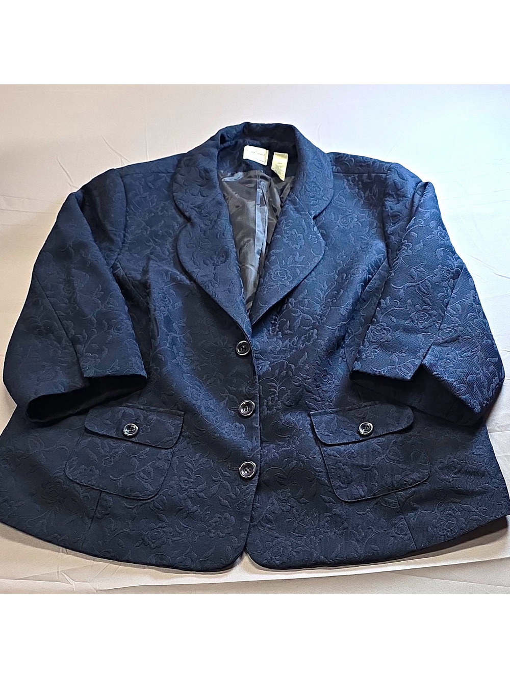 Emma James Professional Navy Floral Lined Blazer Jacket 3/4 Sleeve Pockets 24W